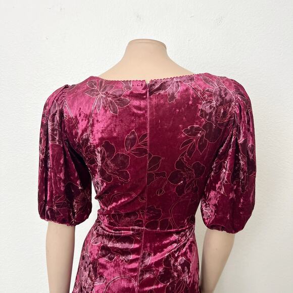 [Rachel Parcell] Maroon Floral Velvet Puff Sleeve Ruffle Mini Dress NWT Size 10 - Picture 10 of 12